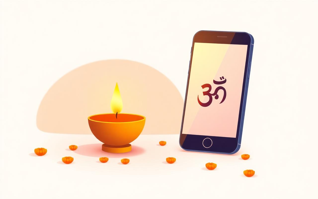AI puja assistant illustration — diya and smartphone with Om symbol
