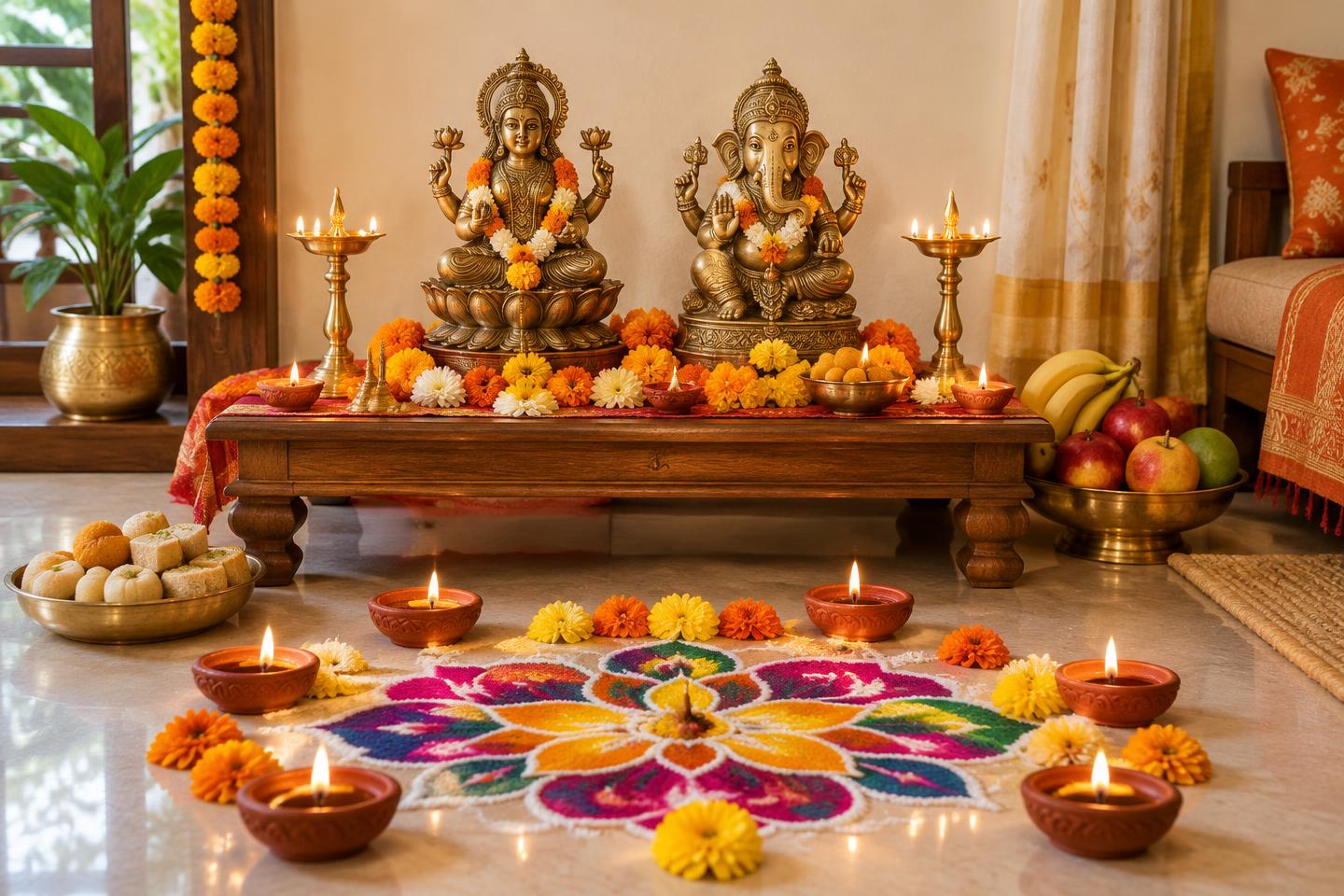दीप, फूल और रंगोली के साथ लक्ष्मी और गणेश की पूजा चौकी