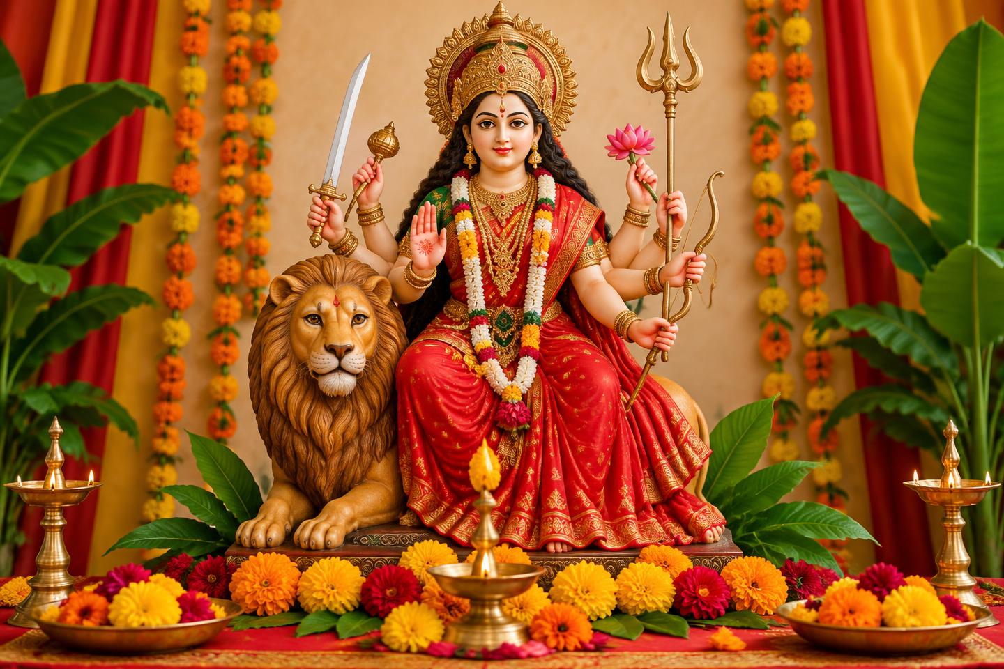 पुष्पों से सजी पूजा में सिंह के साथ माँ दुर्गा